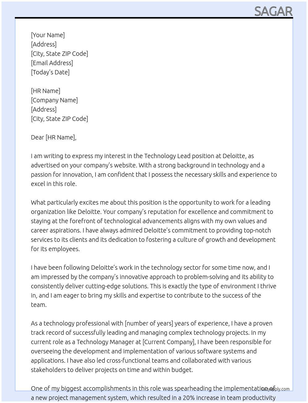 Technology Lead At Deloite Cover Letter