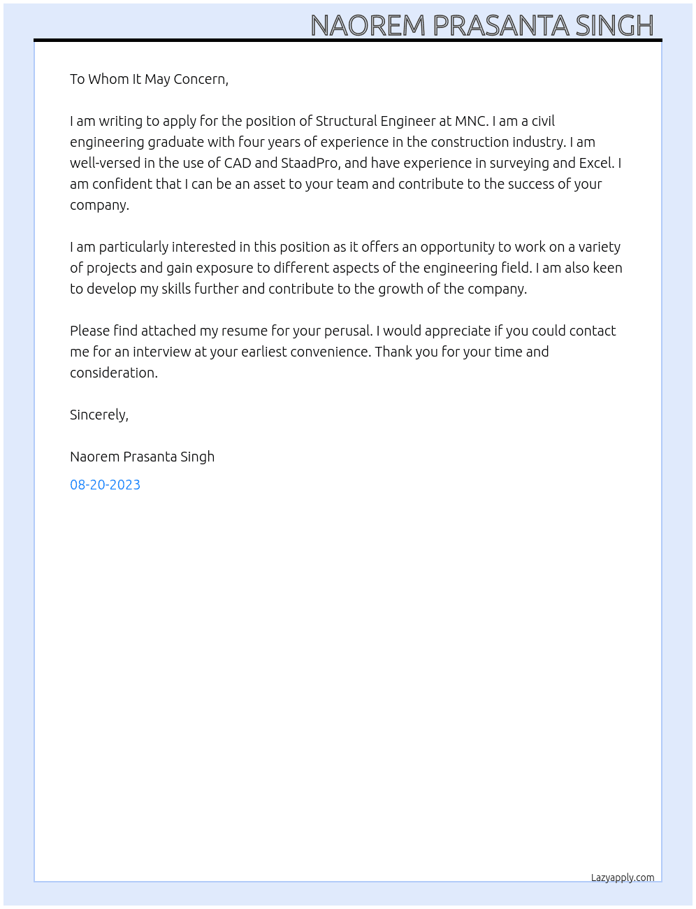 Structural Engineer  At MNC Cover Letter