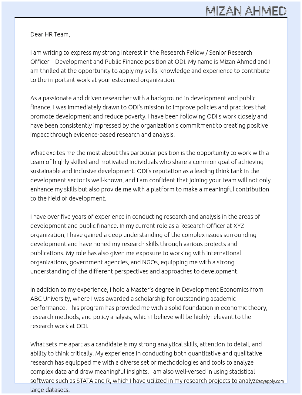 Research Fellow / Senior Research Officer – Development and Public Finance At ODI Cover Letter