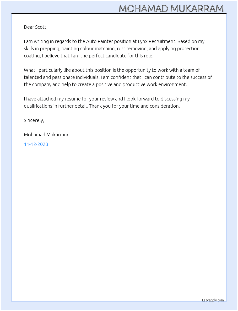 Cover letter for auto painter - LazyApply