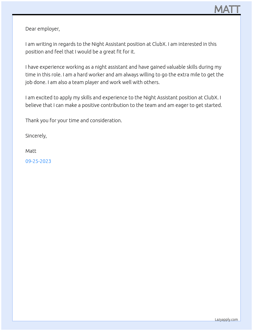 Night Assistant At ClubX Cover Letter