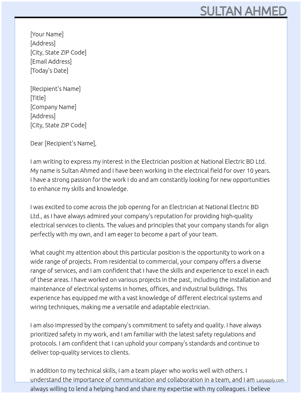 electrician At National Electric BD Ltd. Cover Letter