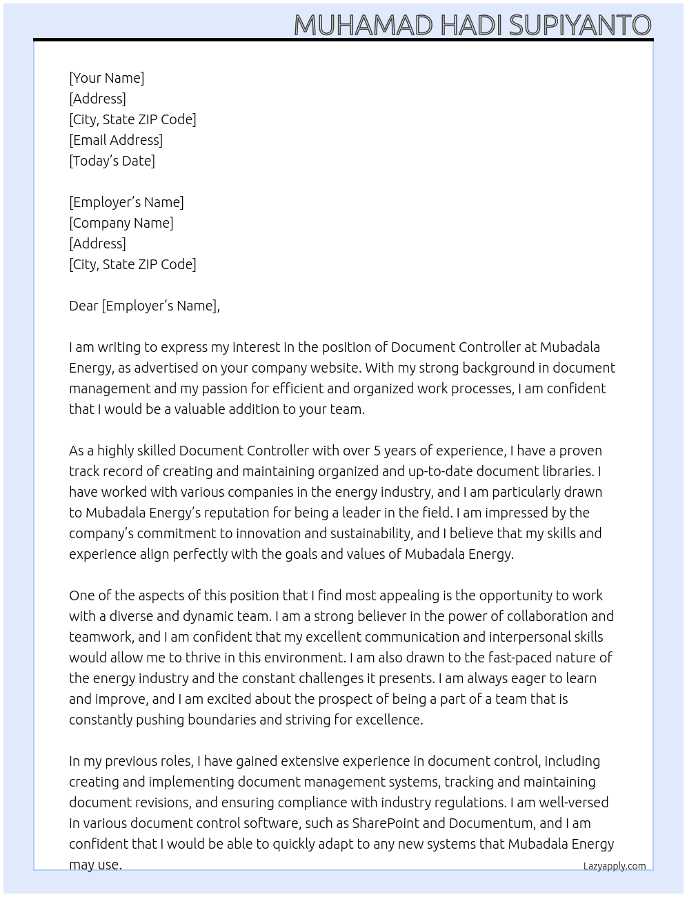 Document controller At Mubadala energy Cover Letter