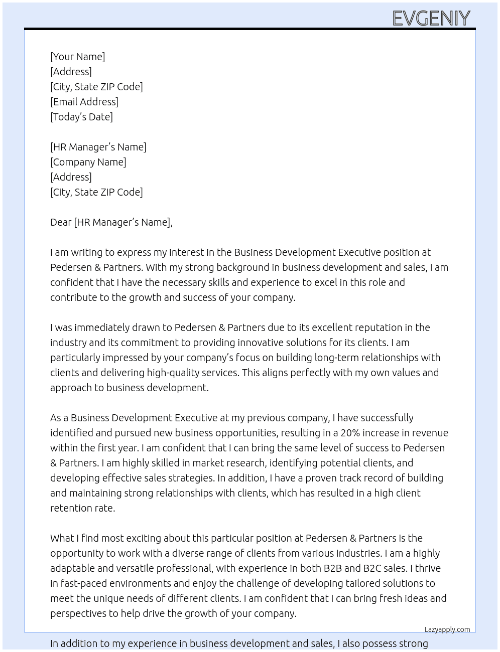 Business Development Executive At Pedersen & Partners Cover Letter