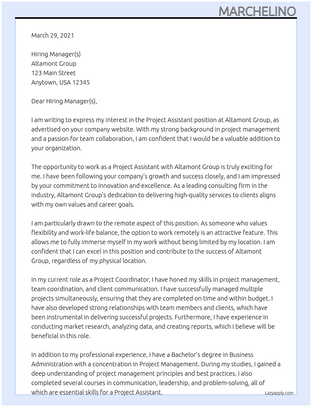 Project Assistant At Altamont Group Cover Letter