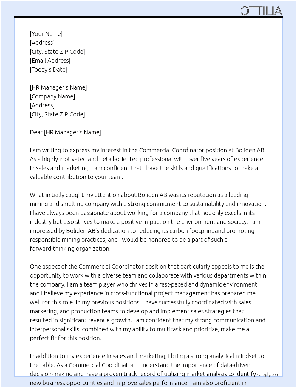 Commercial coordinator At Boliden AB Cover Letter