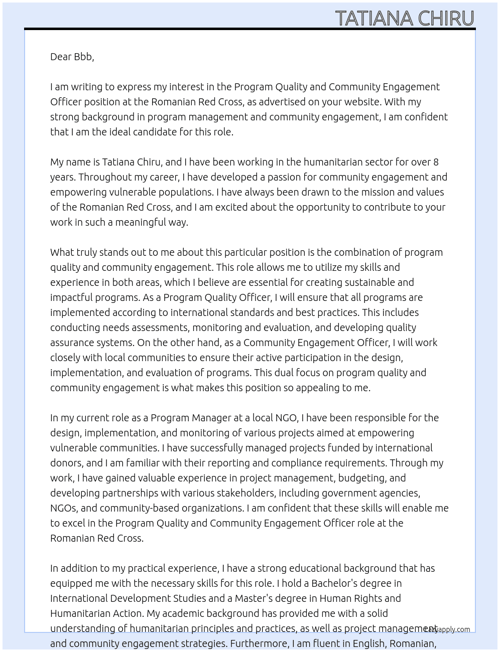Program Quality and Community Engagement Officer At Romanian Red Cross  Cover Letter