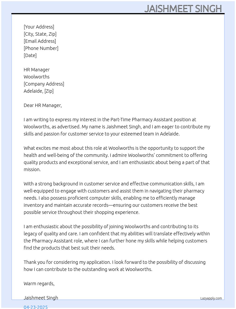 Pharmacy Assistant  At Woolworth  Cover Letter