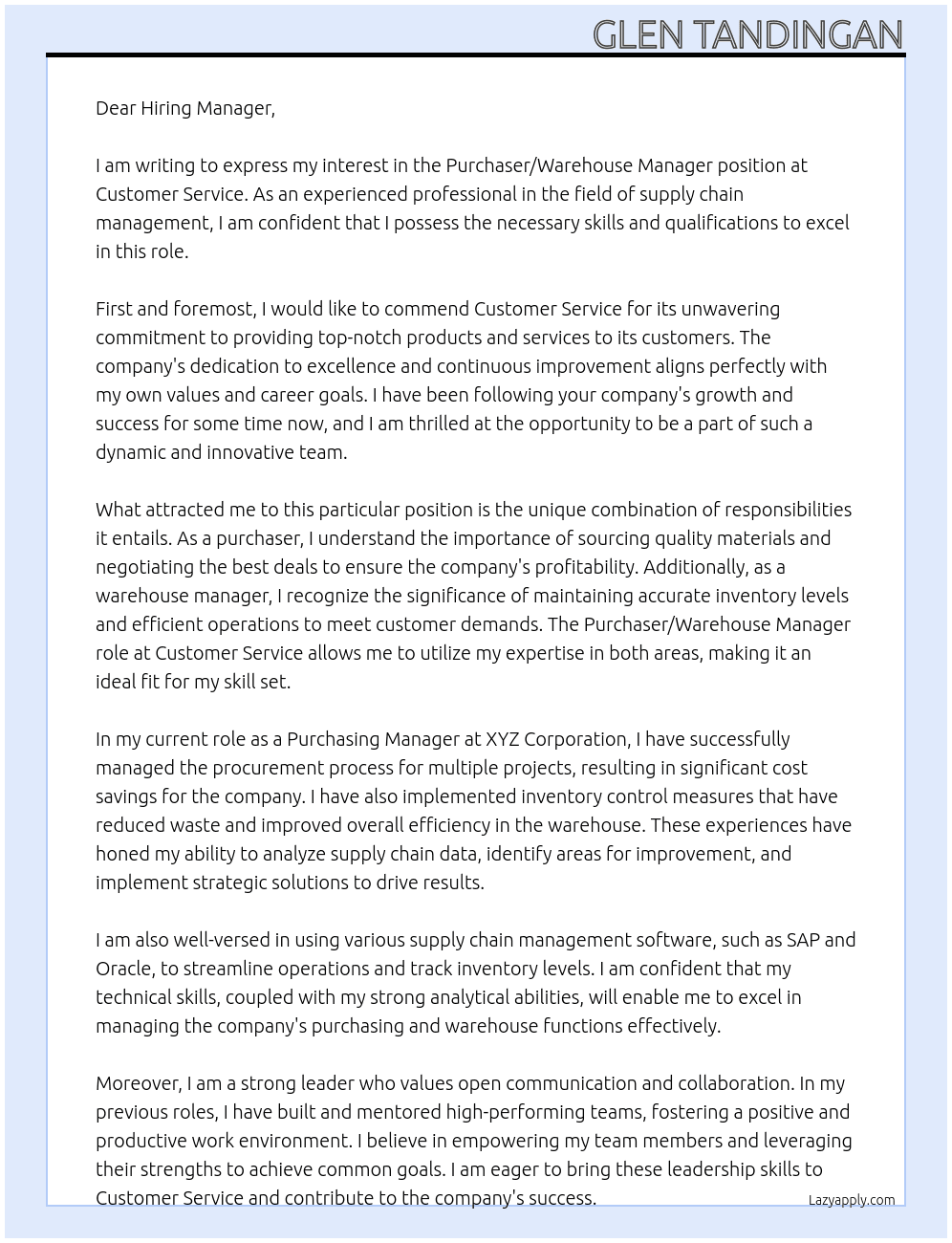 purchaser/warehouse manager At customer service Cover Letter