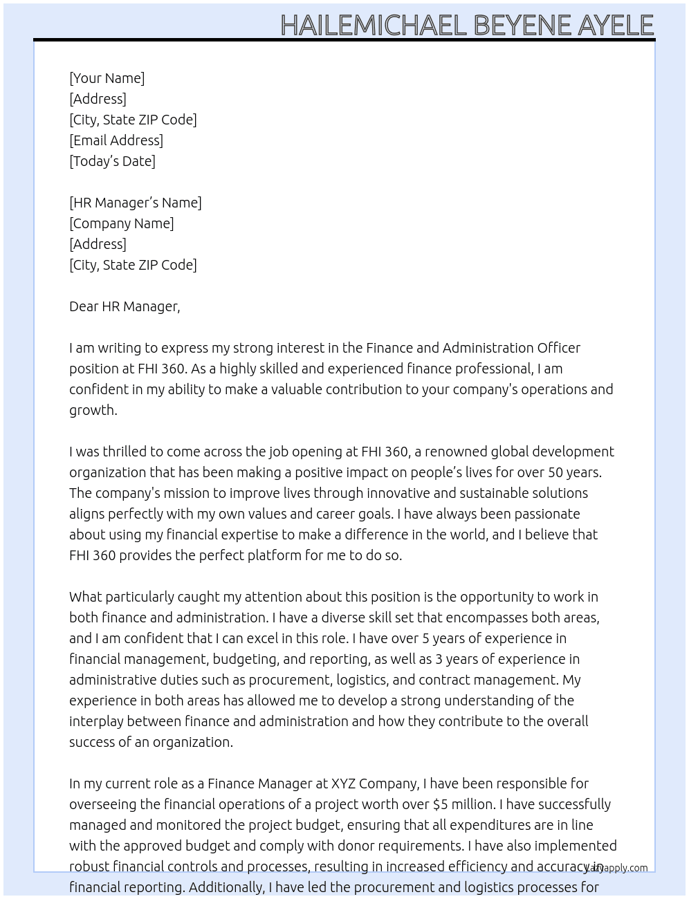 Finance and Administration officer At FHI 360 Cover Letter