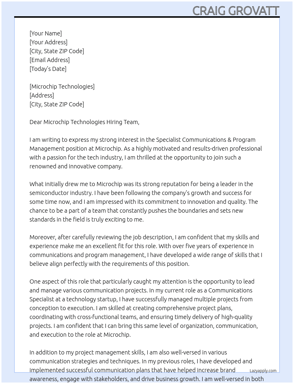 Specialist Communications & Program Management At Microchip Cover Letter