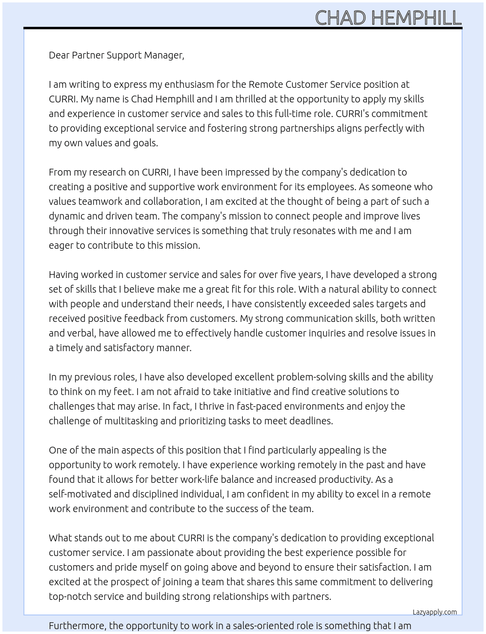 Remote Customer Service  At CURRI Cover Letter