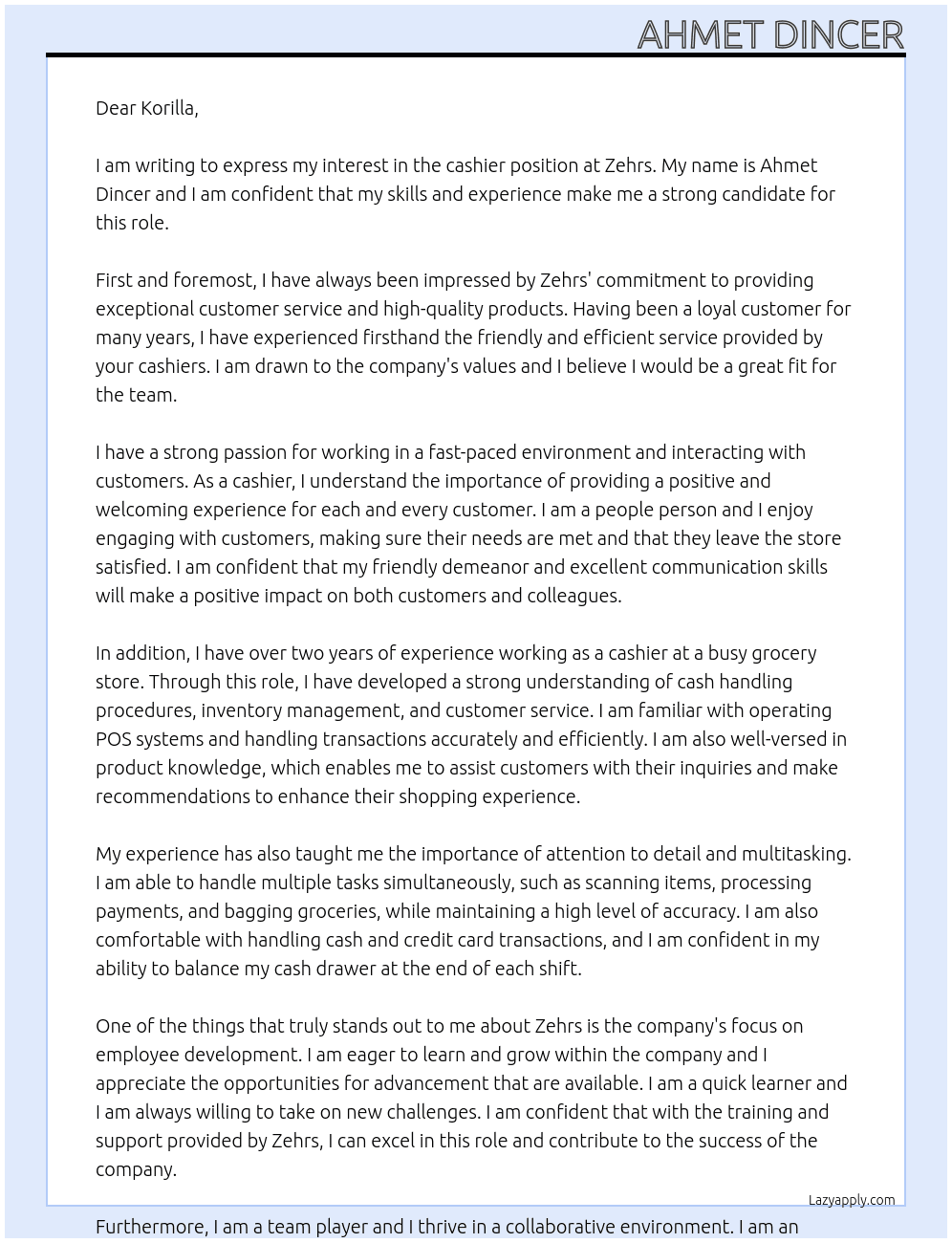 cashier At zehrs Cover Letter