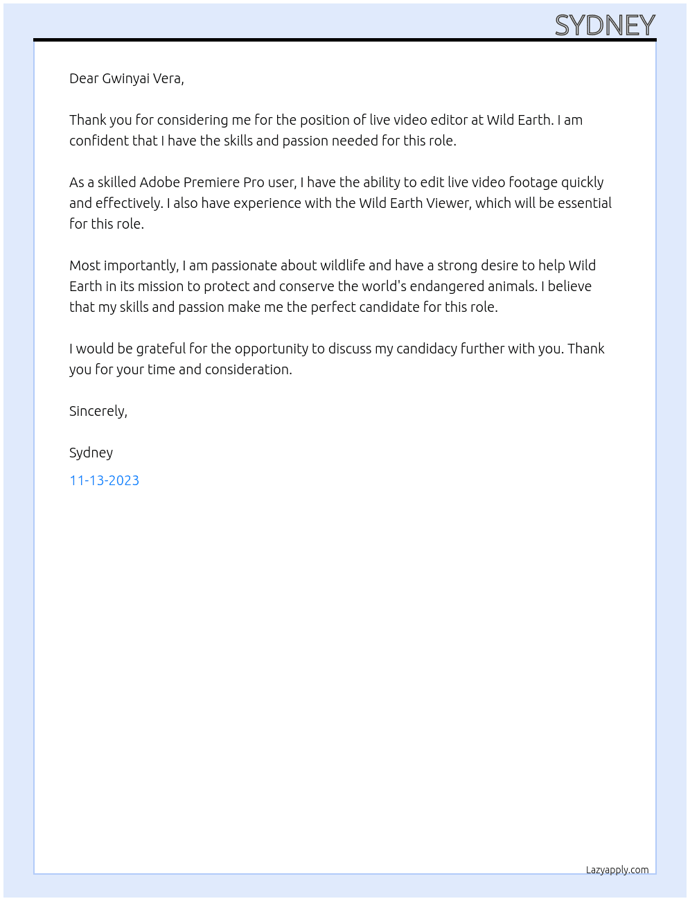 Live video editor At Wild earth Cover Letter