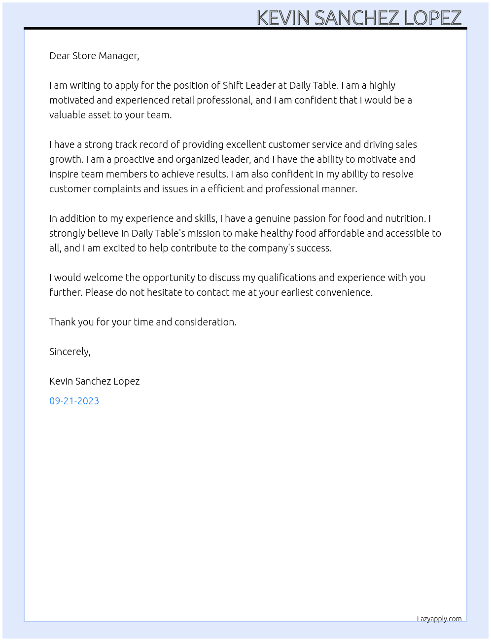 Shift leader At Daily table Cover Letter