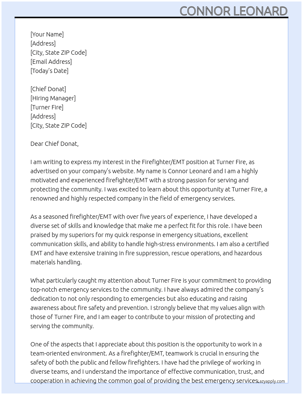Firefighter/ EMT At Turner Fire  Cover Letter