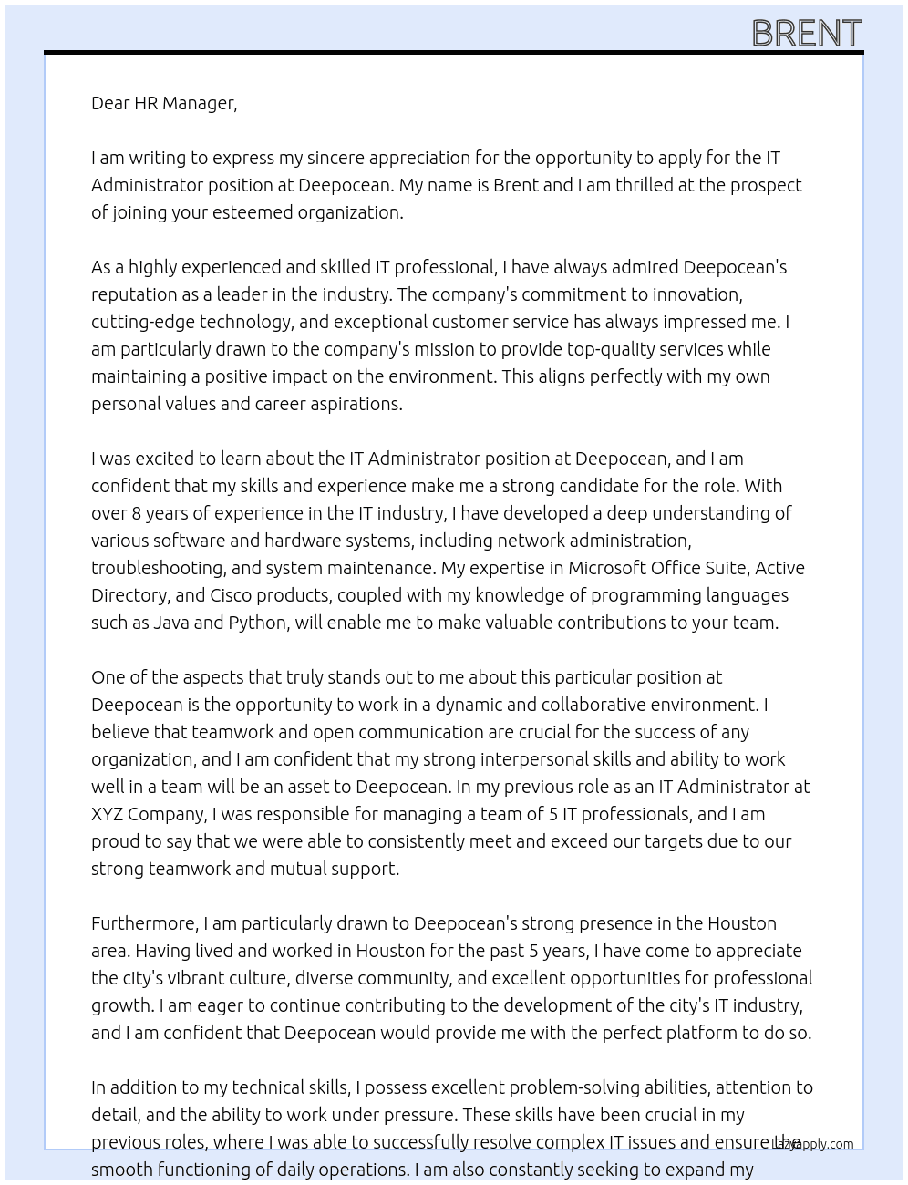 IT Administrator At deepocean Cover Letter