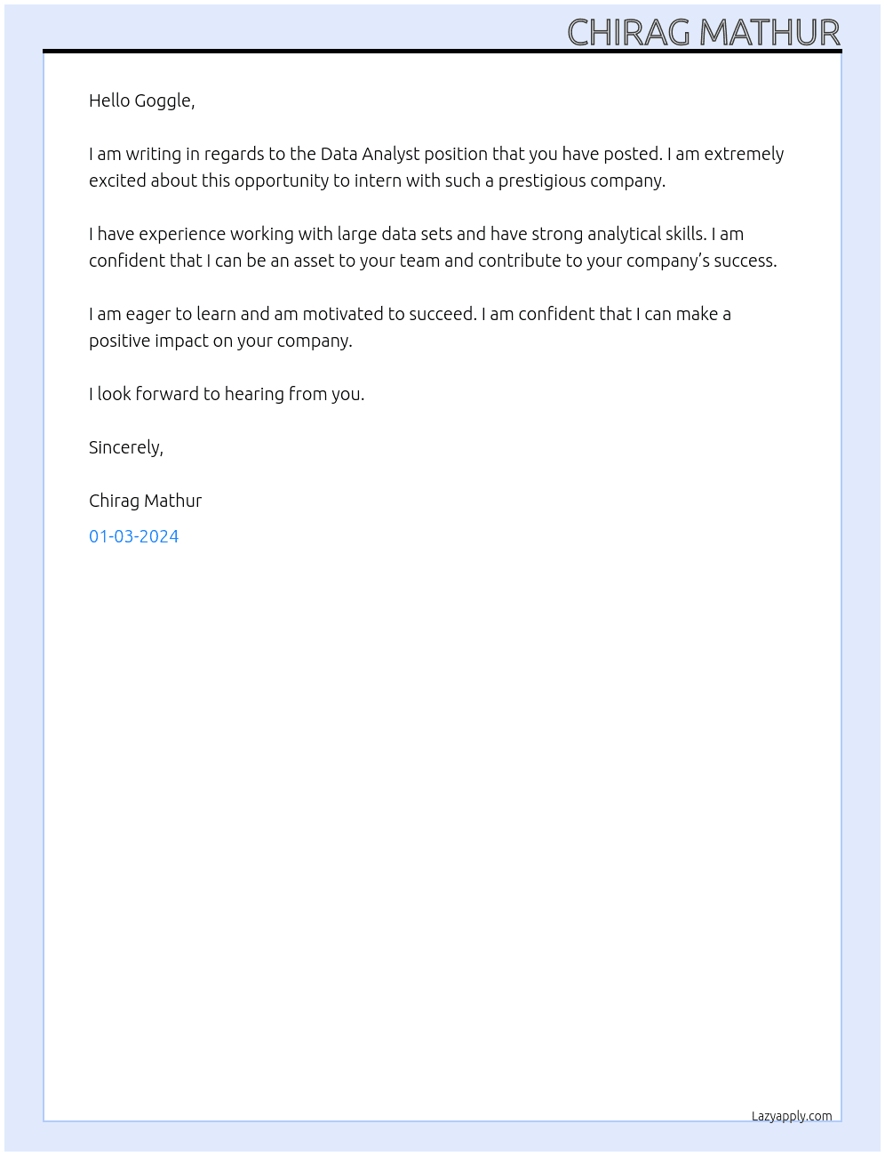 Data Analyst At Goggle Cover Letter