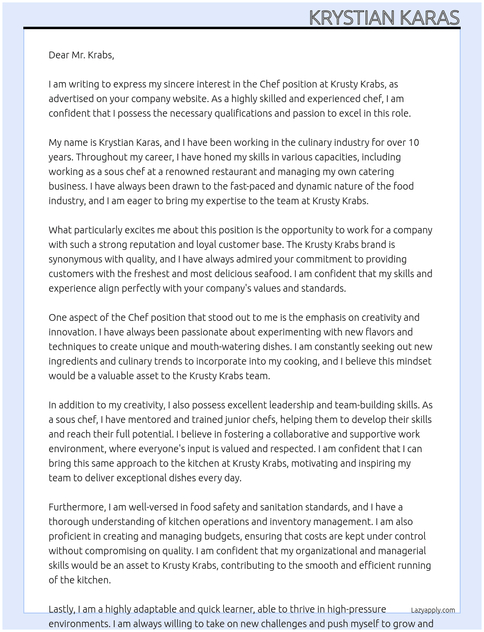 Chef At Krusty Krabs Cover Letter