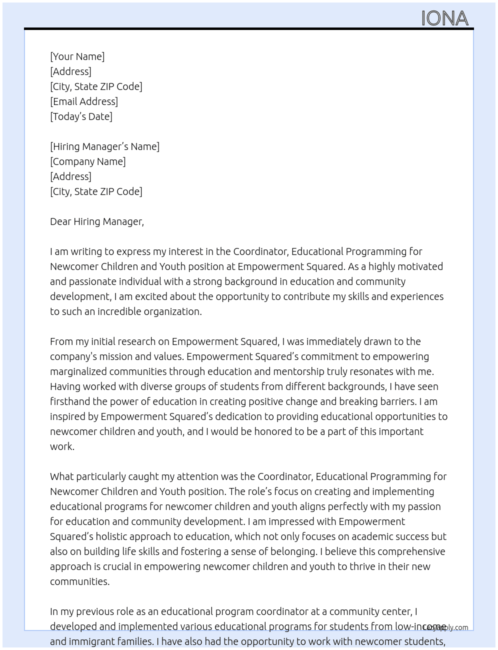 Coordinator, Educational Programming for Newcomer Children and Youth At Empowerment Squared Cover Letter