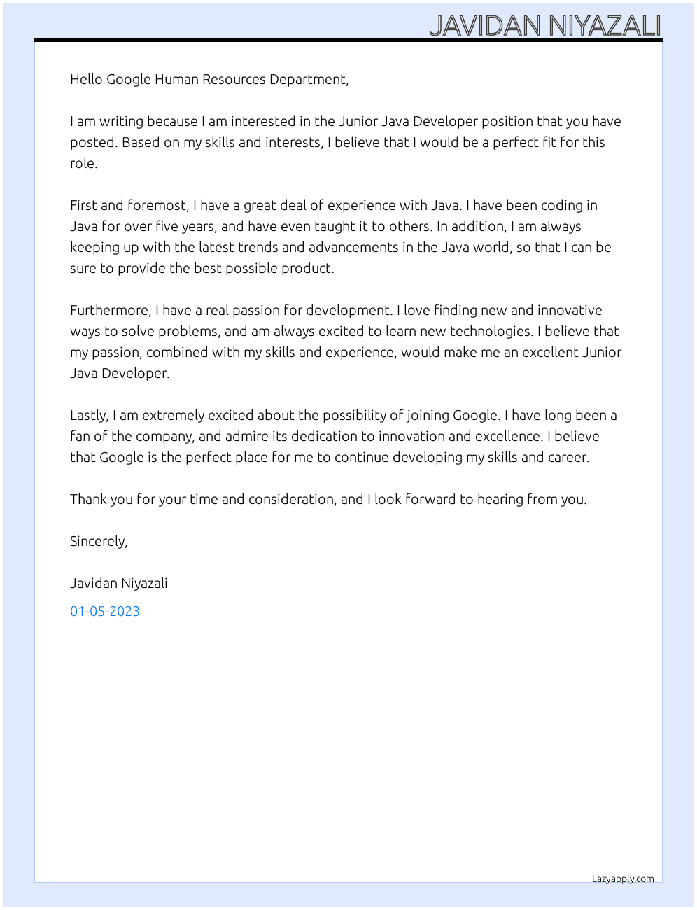 Junior Java Developer At Google Cover Letter