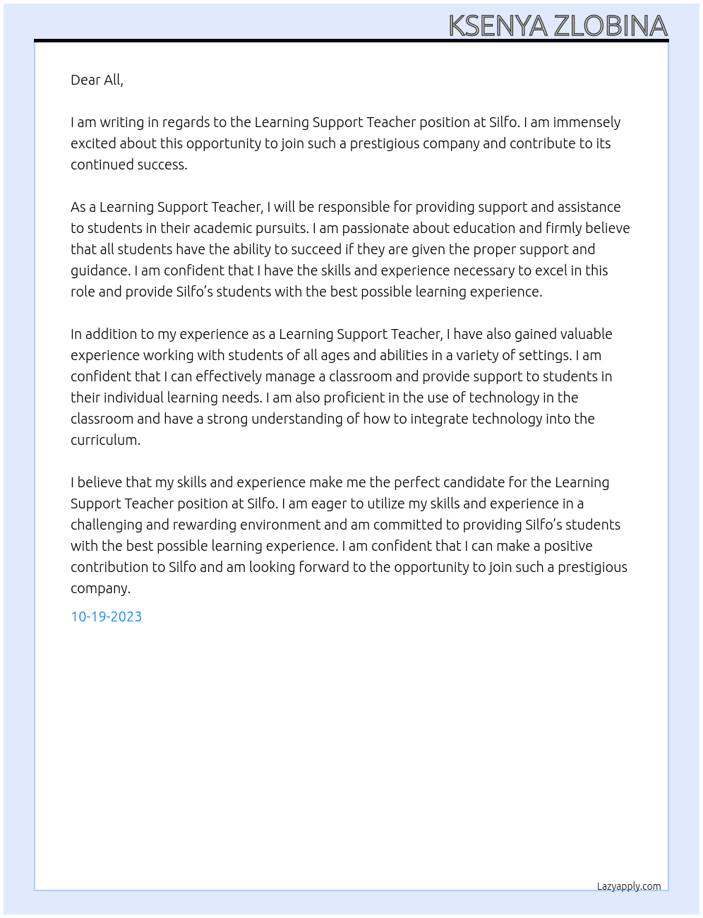 LEARNING SUPPORT TEACHER At Silfo Cover Letter