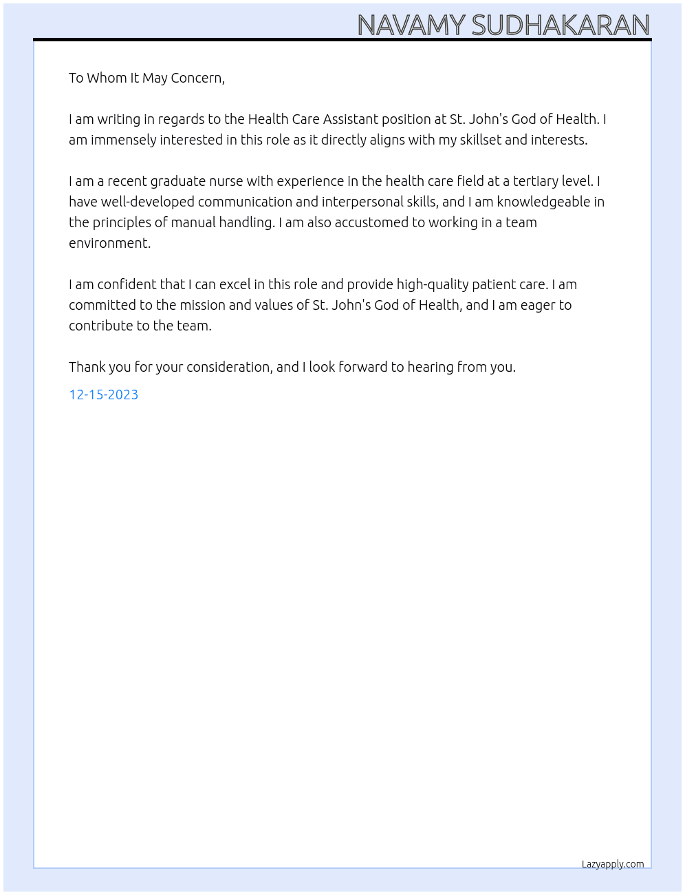 Health care assistant At St John's God Of Health Cover Letter