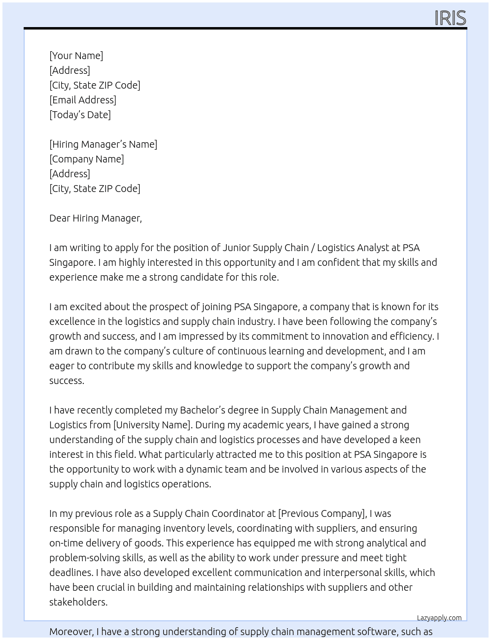 Junior Supply Chain / Logistics Analyst  At PSA Singapore Cover Letter
