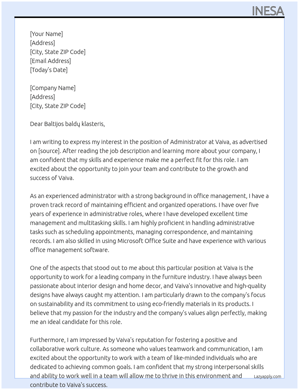 administrator At vaiva Cover Letter