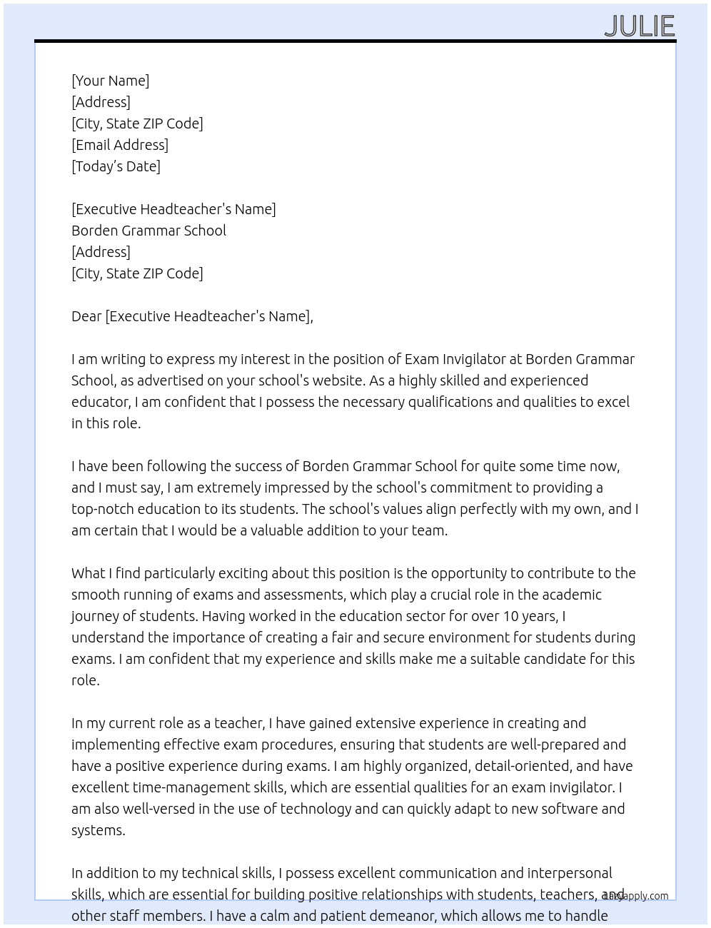 exam invigilator At Borden Grammar School Cover Letter