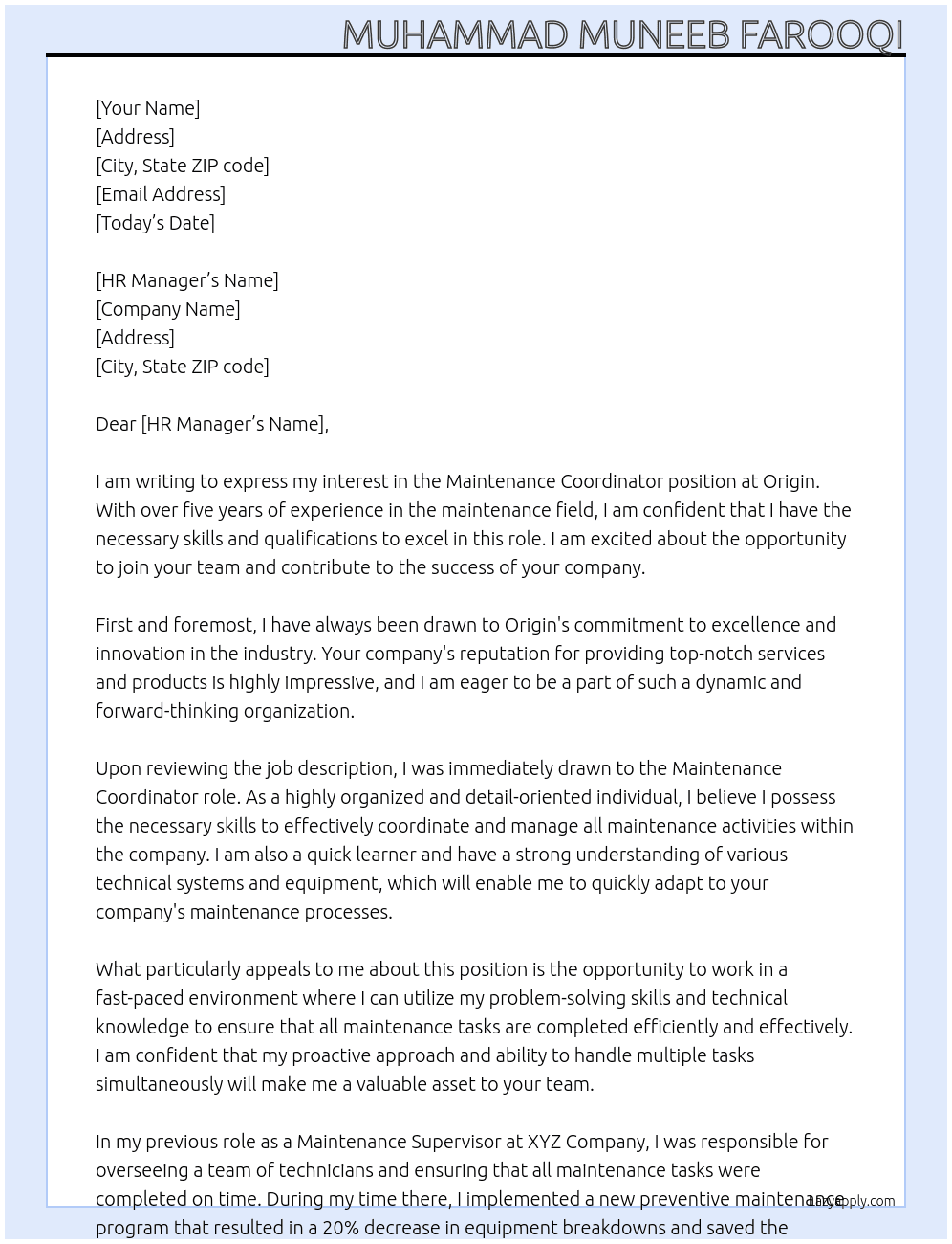 Maintenance coordinator  At Origin  Cover Letter