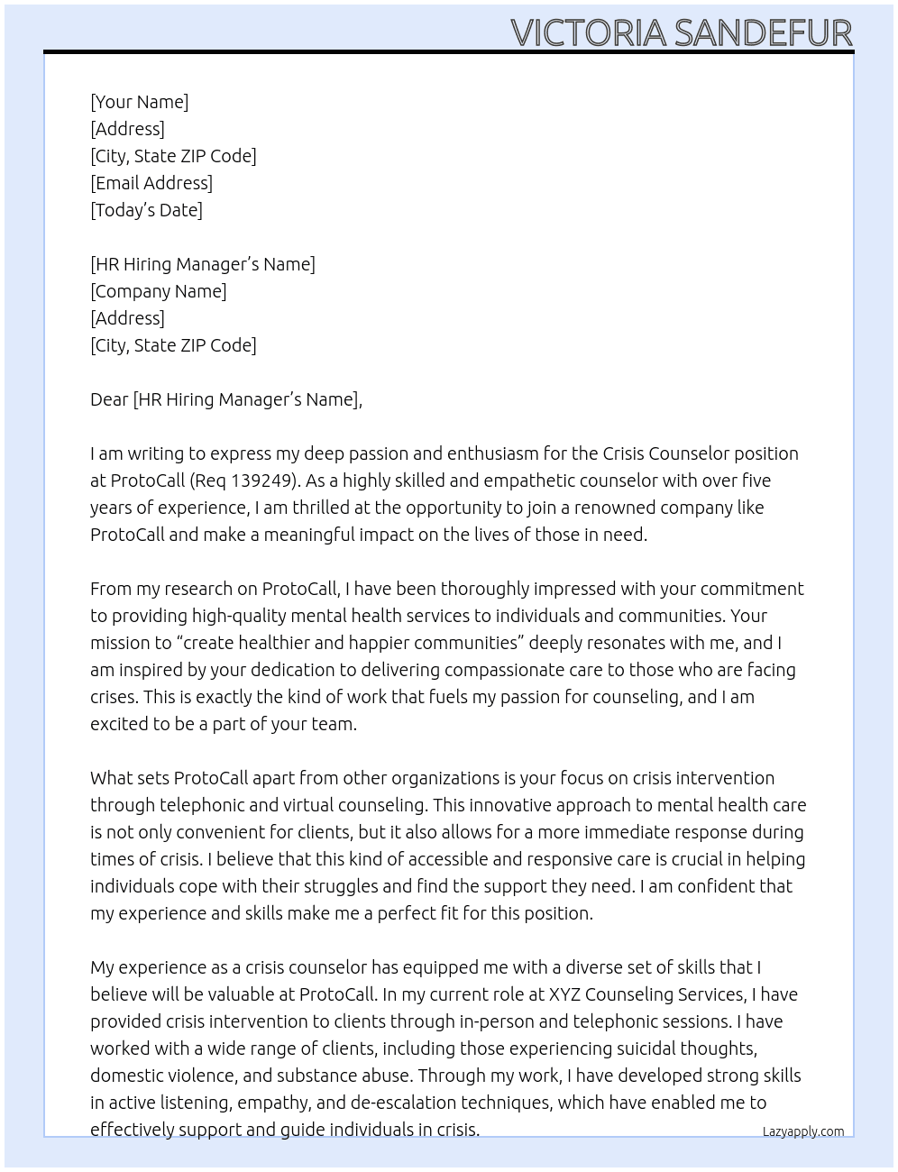 Crisis Counselor - Req 139249 At ProtoCall Cover Letter