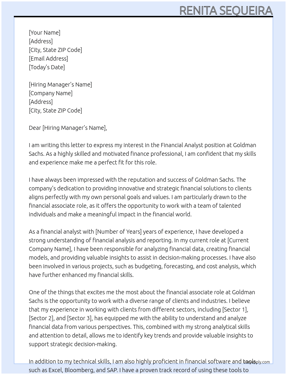 Financial Analyst At gold man sachs Cover Letter