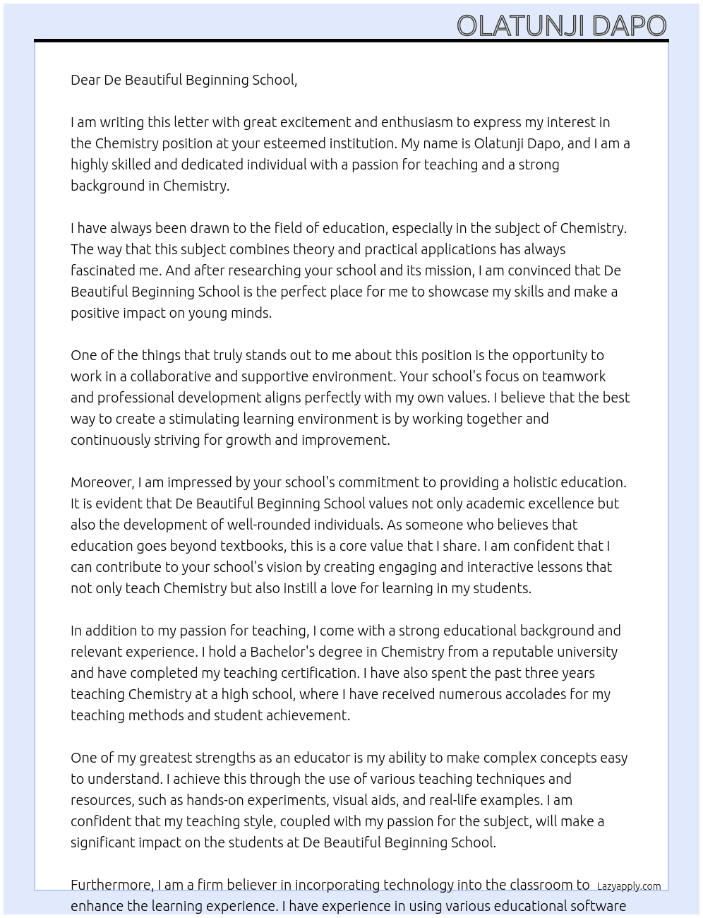 CHEMISTRY At De Beautiful Beginning School Cover Letter