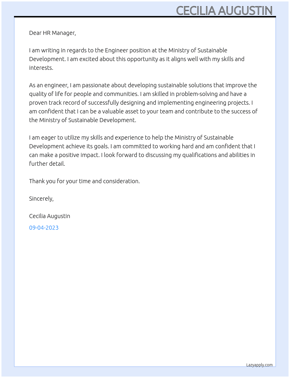Engineer At Ministry of Sustainable Development Cover Letter