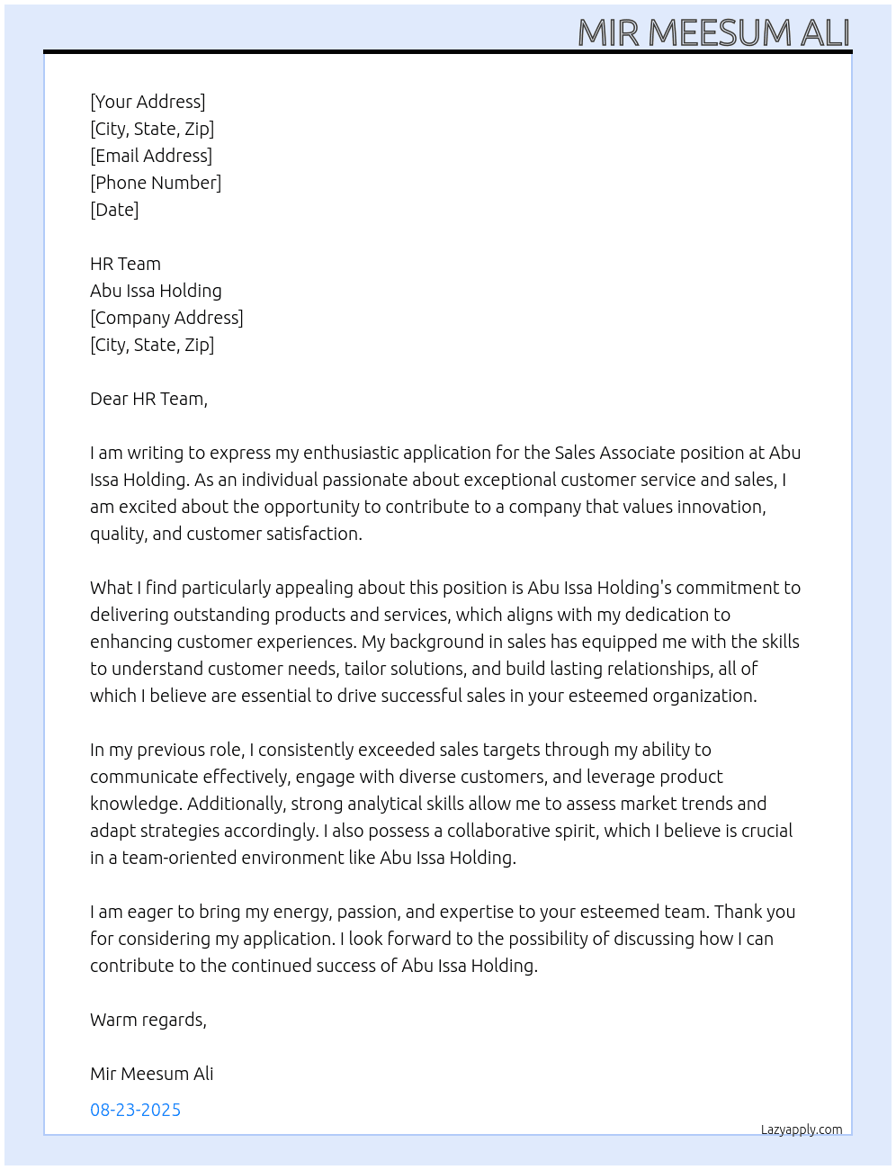 Sales Associate At Abu Issa Holding Cover Letter