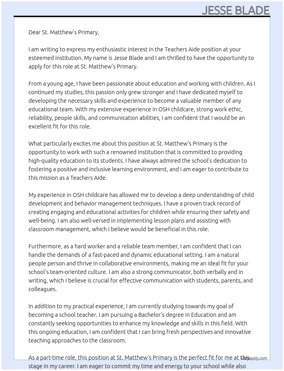 Teachers Aide At St Matthew’s Primary Cover Letter