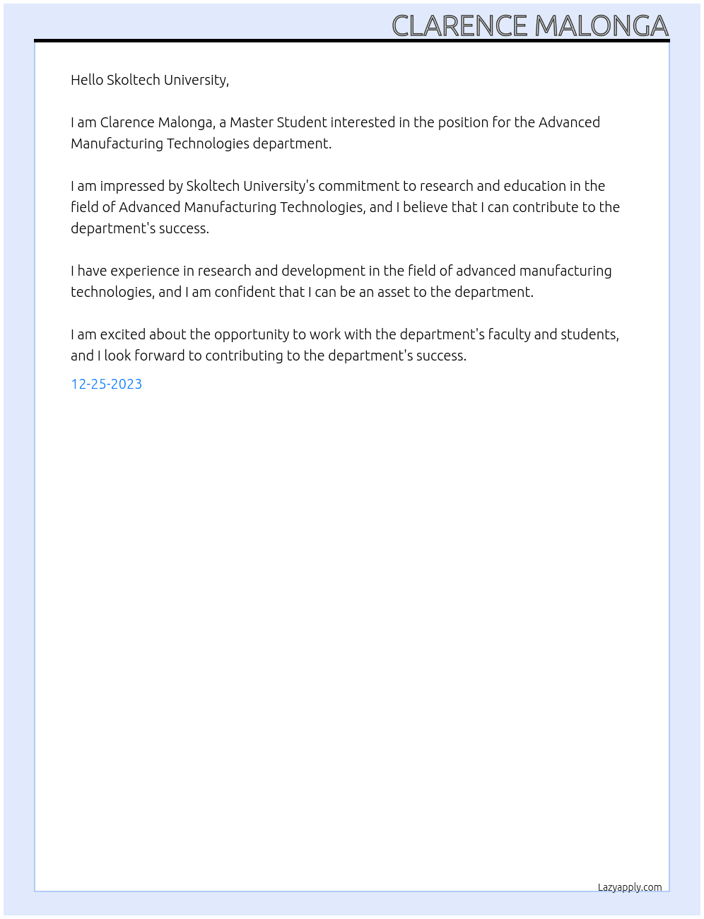 Master Student  At Skoltech University Cover Letter
