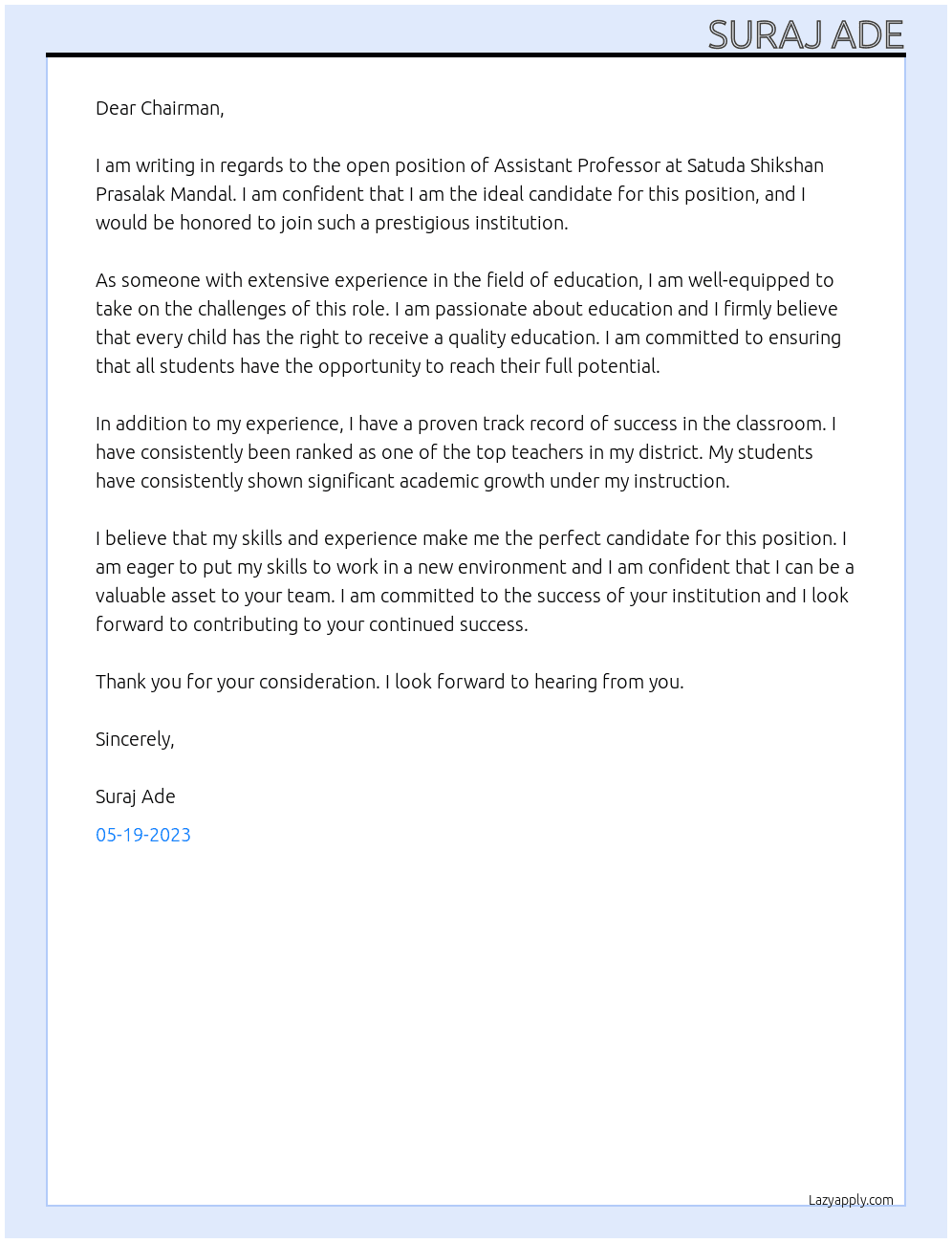 Assistant Professor At Satuda Shikshan Prasalak Mandal Cover Letter