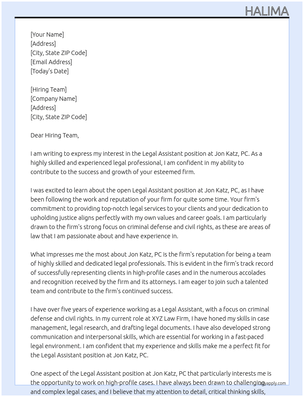 legal assistant At Jon Katz, PC Cover Letter