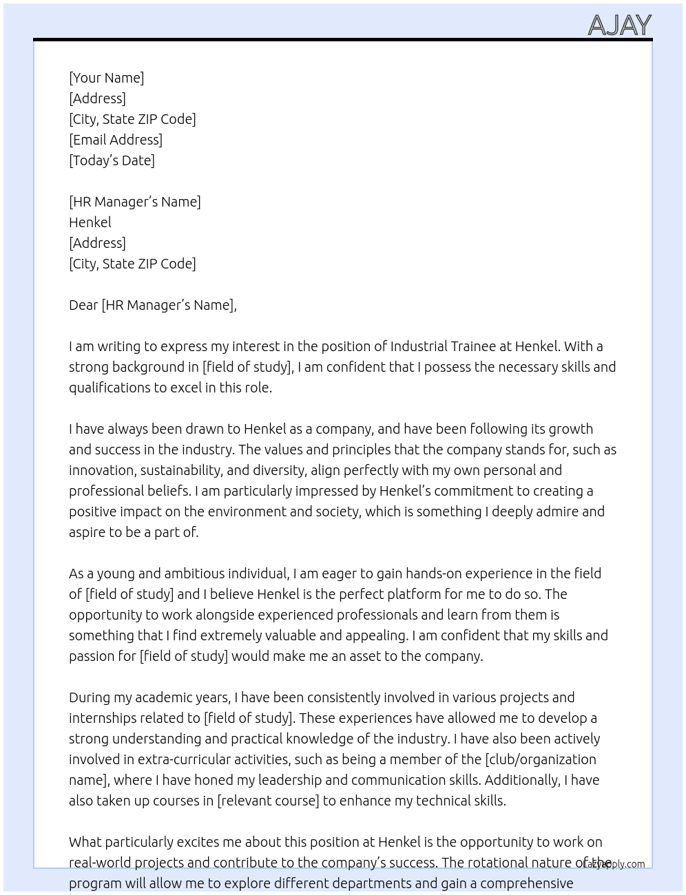 Industrial Trainee At Henkel Cover Letter