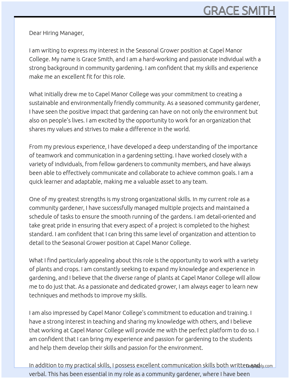 Cover letter for seasonal grower - LazyApply