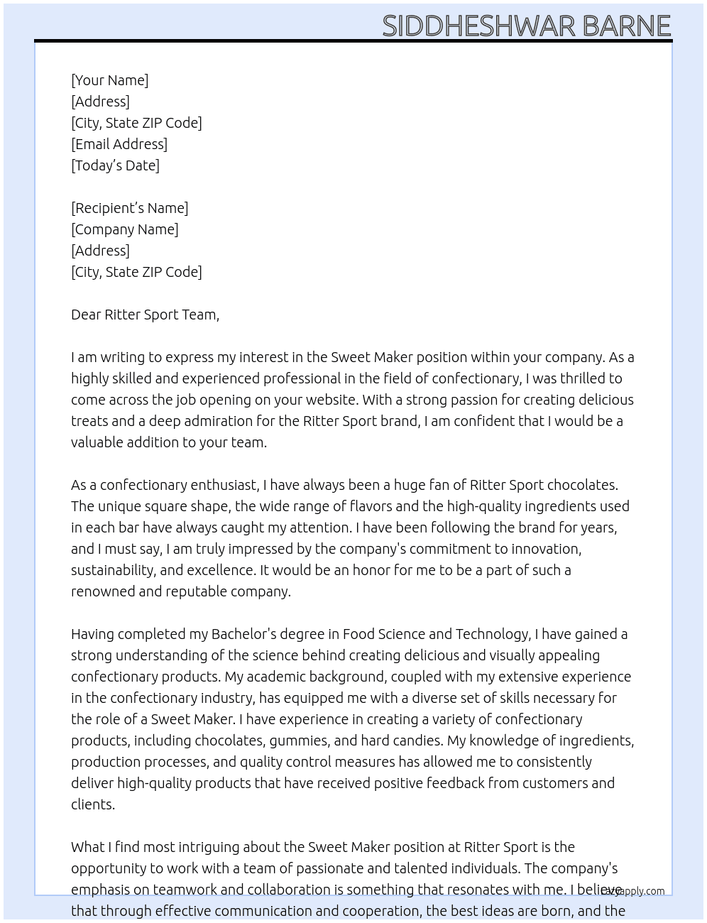 Sweet maker At Ritter Sport team Cover Letter