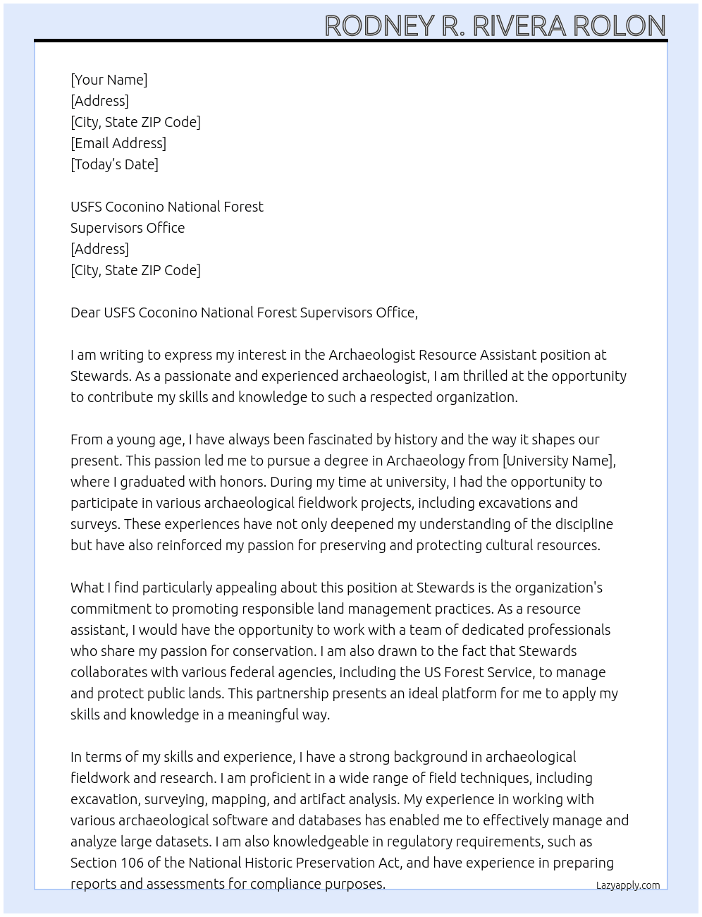 Archaeologist Resource Assistant  At Stewards Cover Letter