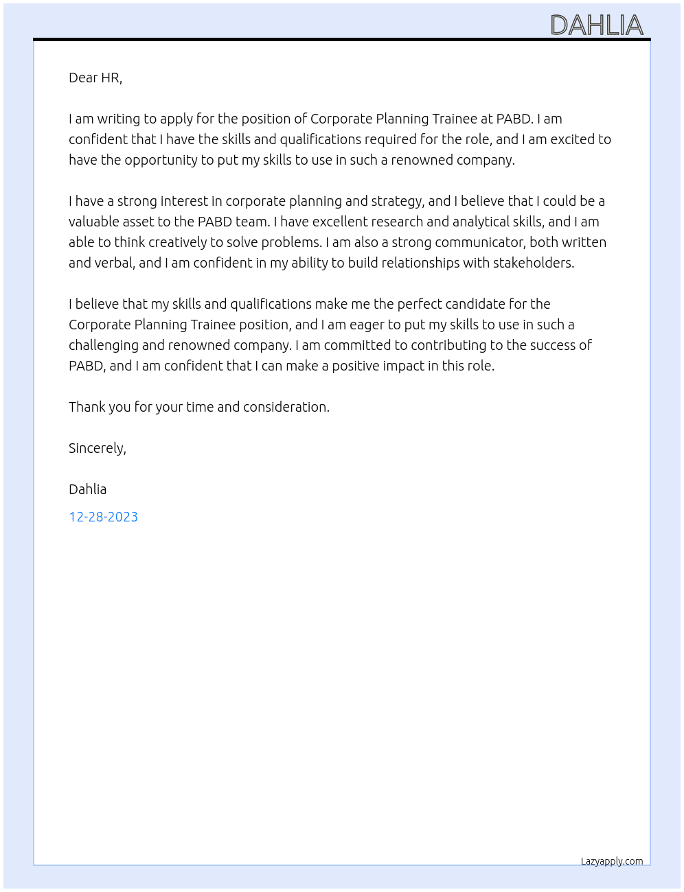 Corporate Planning Trainee At PABD Cover Letter