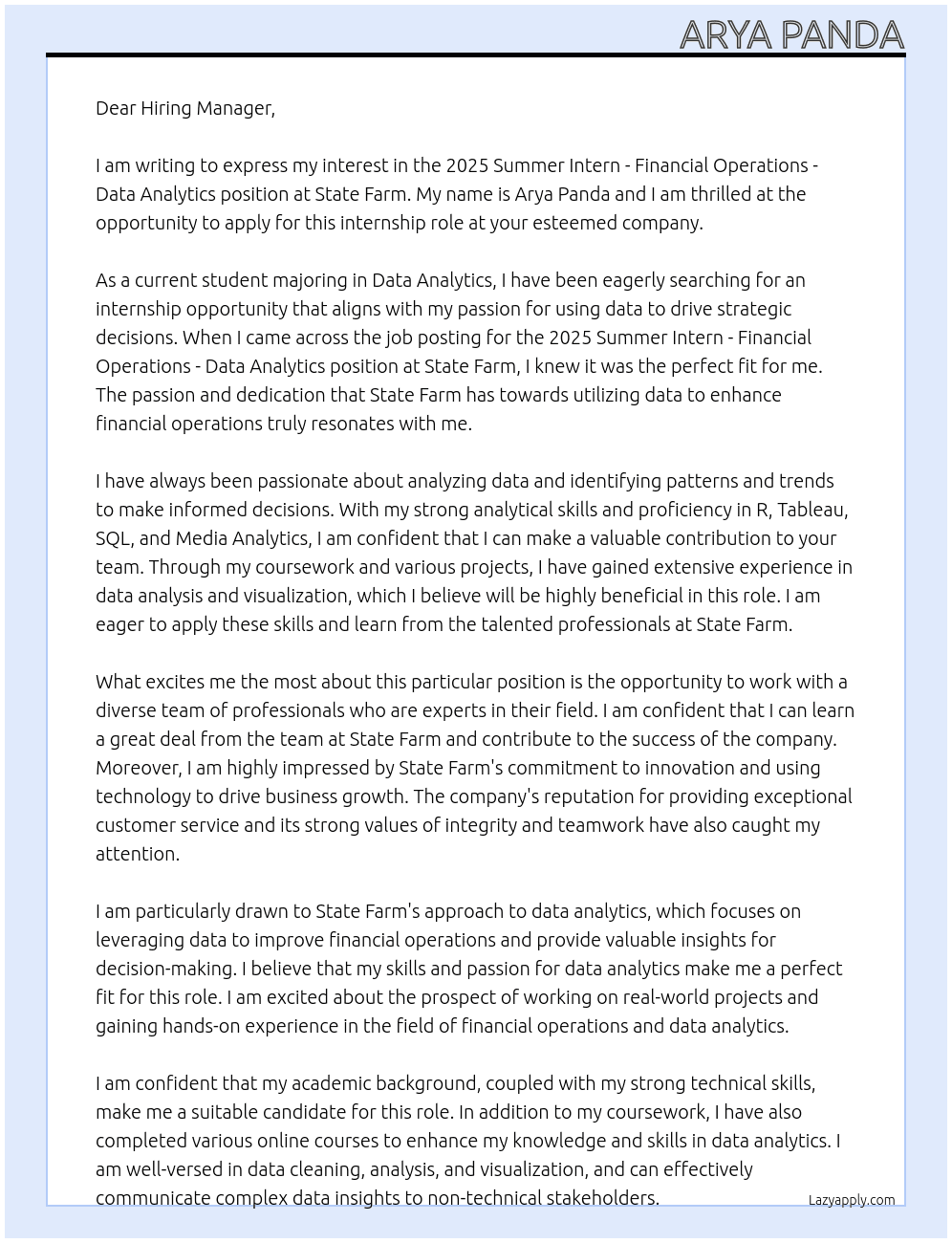2025 Summer Intern - Financial Operations - Data Analytics At State Farm Cover Letter