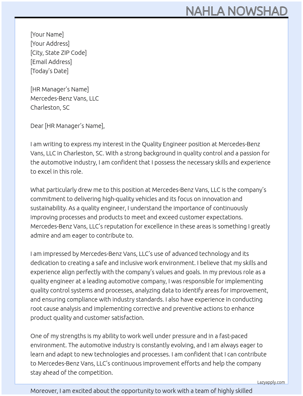 Quality Engineer At Mercedes-Benz Vans, LLC (Charleston, SC) Cover Letter