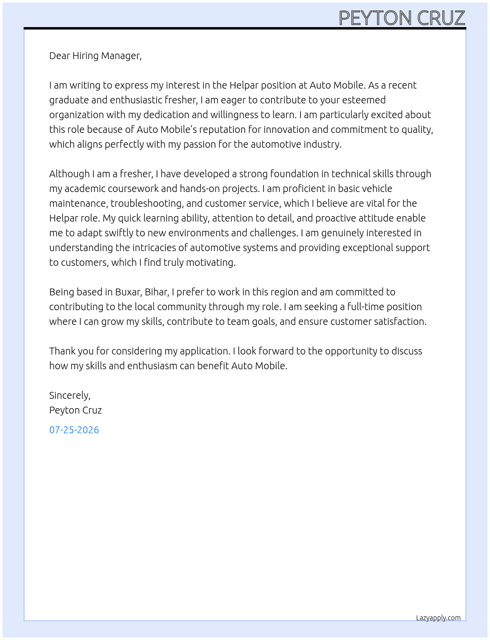 Helpar At Auto mobile Cover Letter