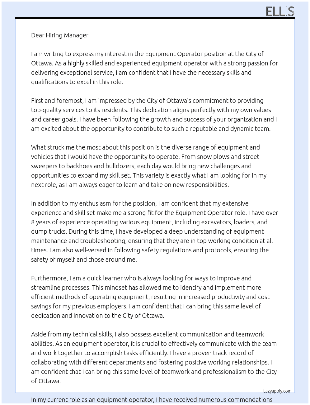  Equipment Operator At City of Ottawa Cover Letter