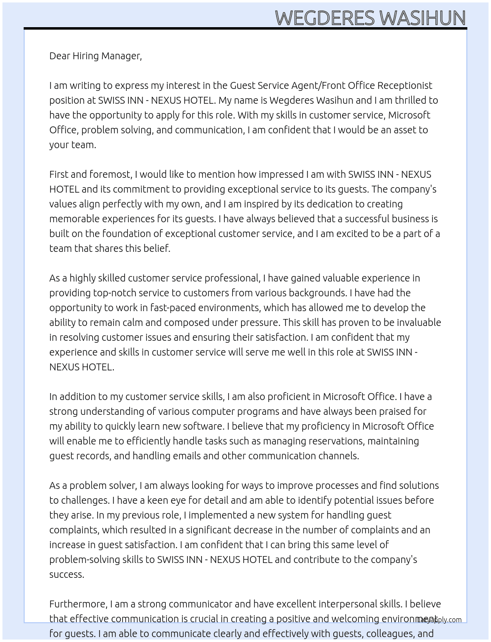 Guest Service Agent/ Front Office Receptionist  At SWISS INN - NEXUS HOTEL Cover Letter
